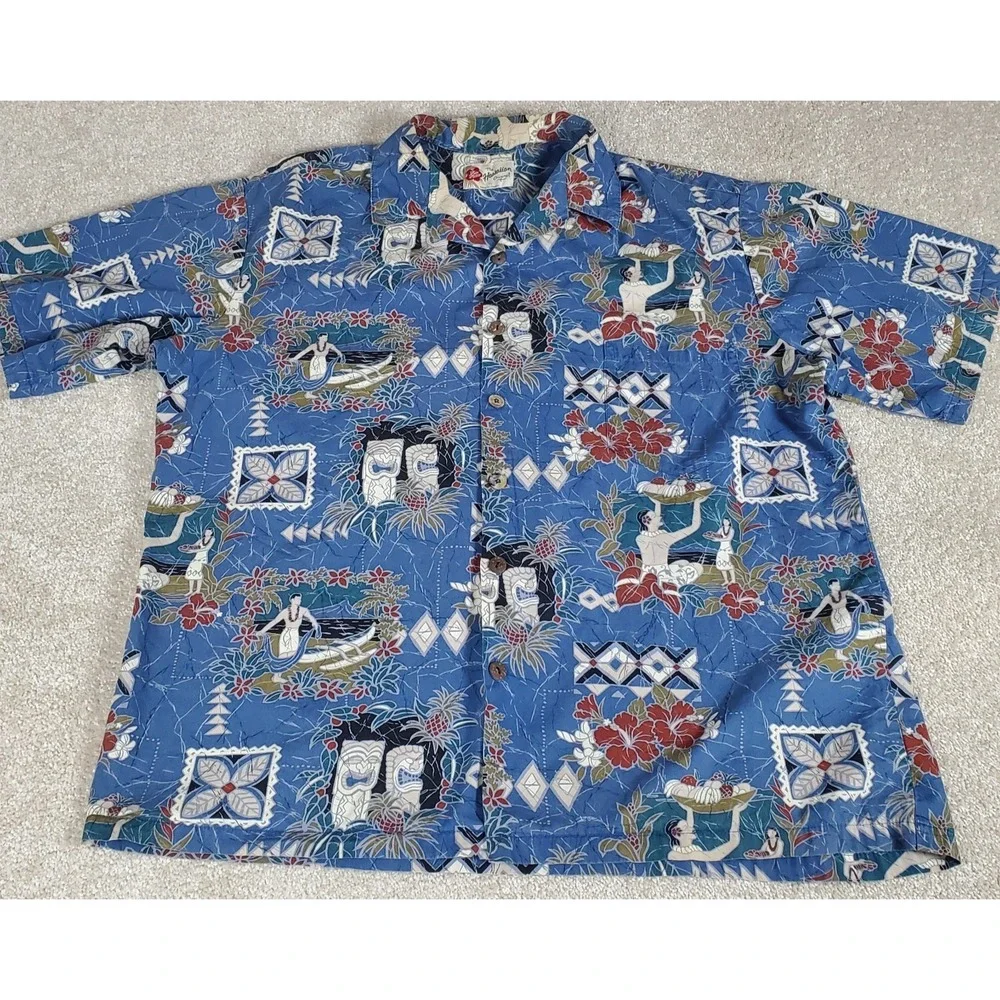 Hilo Hattie Made in Hawaii XL Button Up‎ Shirt Blue Hawaiian Design PLEASE READ